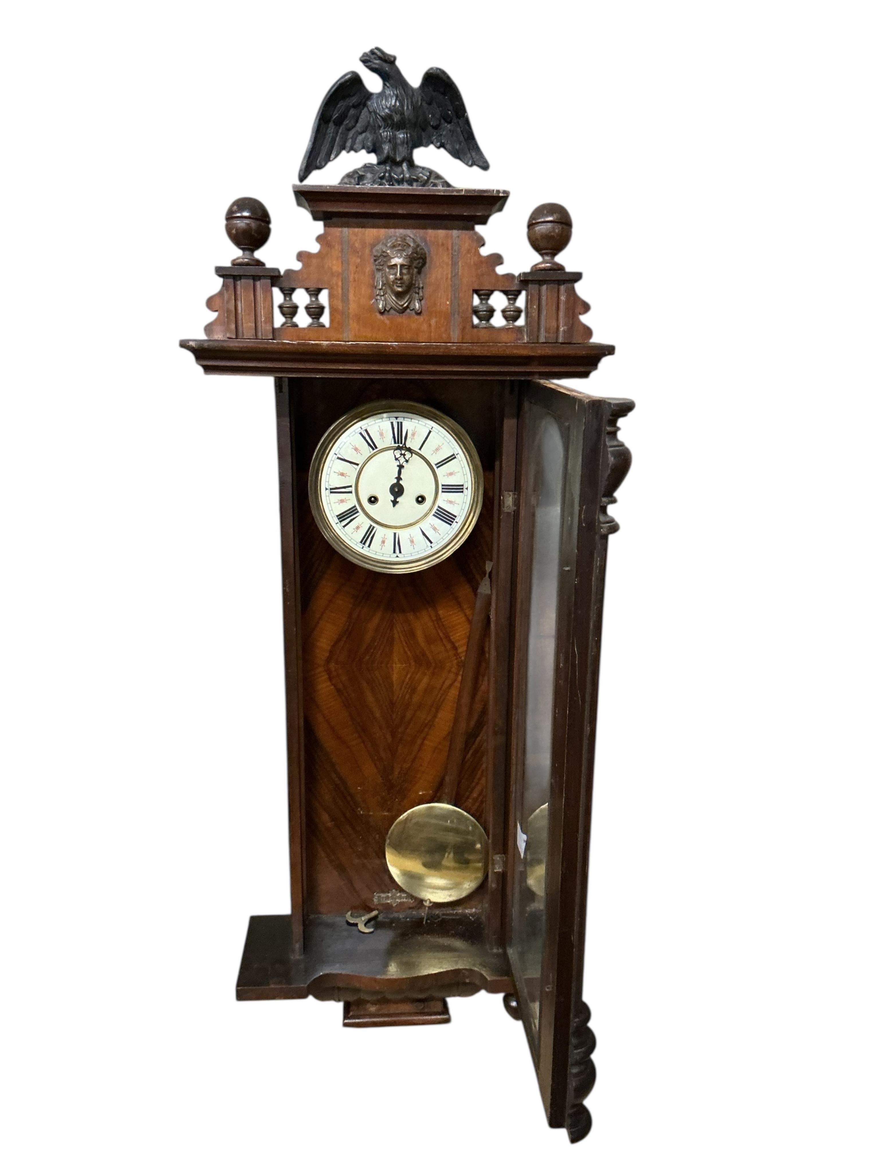 An early 20th century walnut Vienna regulator wall clock, height 128cm